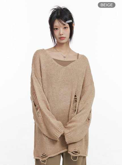 one-shoulder-oversized-knit-top-io430 / Beige