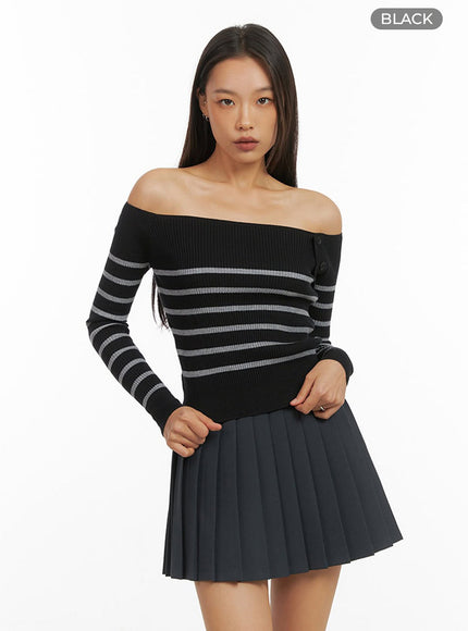 stripe-buttoned-off-shoulder-top-io409 / Black