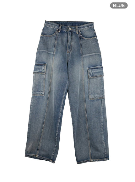 washed-wide-leg-cargo-jeans-iy422 / Blue