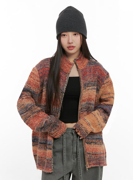 oversized-knit-zip-up-sweater-in415 / Orange