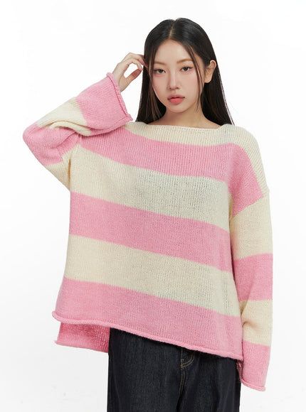 oversize-stripe-wool-sweater-in415 / Pink