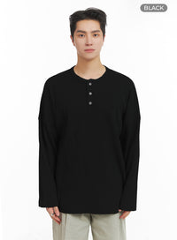 mens-quarter-button-round-neck-long-sleeve-ia401 / Black