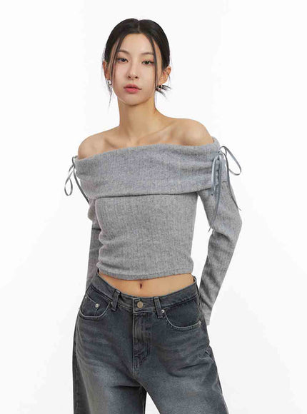 Off-Shoulder Slim-Fit Ribbon Sweater IJ503