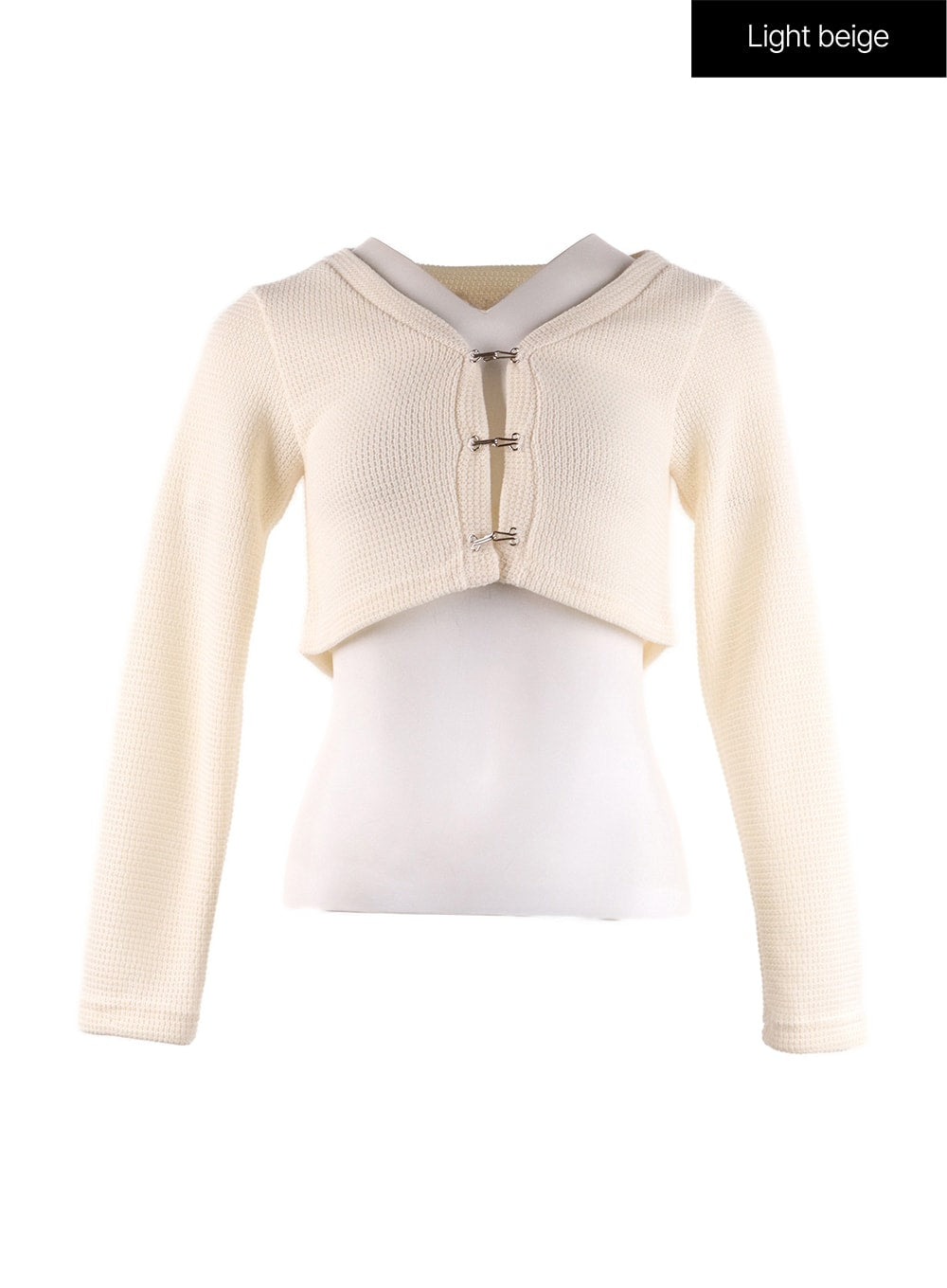 v-neck-solid-knit-cropped-cardigan-if408 / Light beige