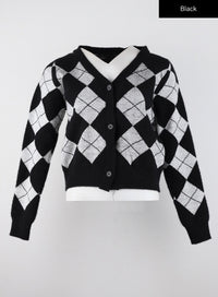 knit-fabric-collar-argyle-pattern-button-cardigan-cd322