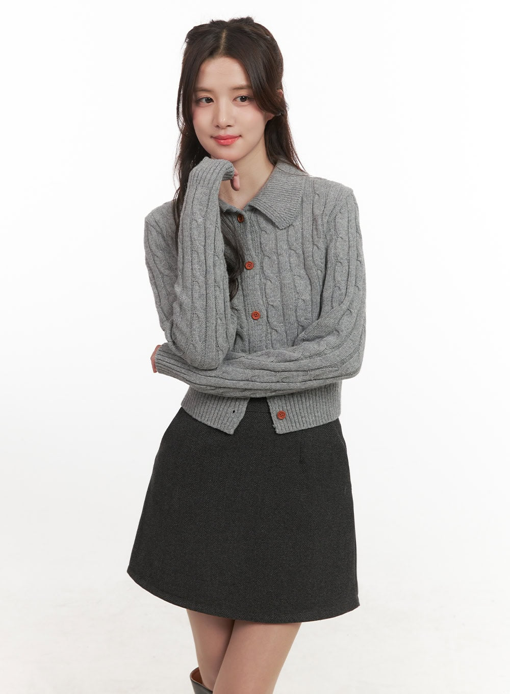 Cable-Knit Collared Buttoned Cardigan CJ514