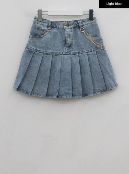 Half Pleated Denim Mini Skirt with Chain Belt BU2207