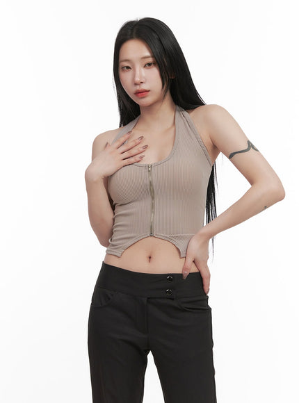 Zip-Up Halter-Neck Crop Top CJ516