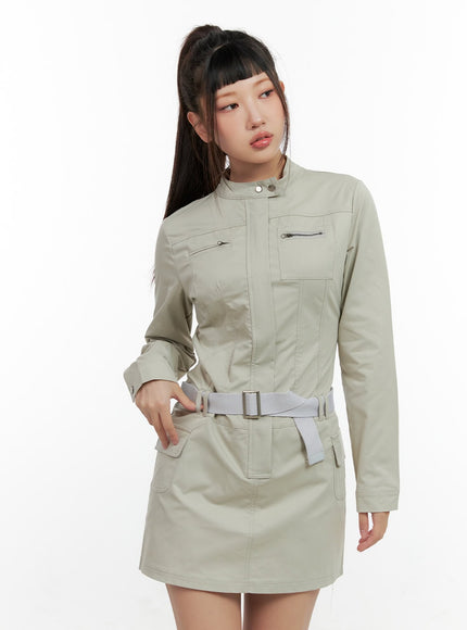 half-zip-up-belt-mini-dress-cn404 / Beige