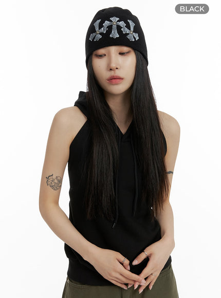 dark-grunge-back-tie-hooded-sleeveless-top-cf428 / Black