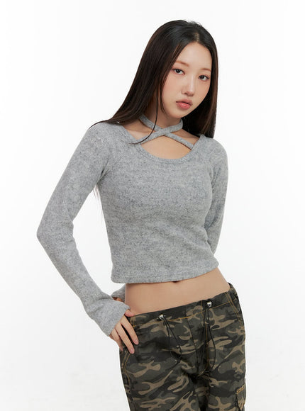 halter-neckline-long-sleeve-crop-top-cn405 / Gray