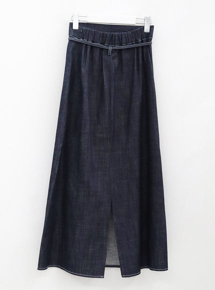 Stitch Denim Set-Up Long Skirt with Belt OG23