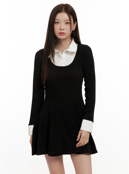 slim-fit-collar-mini-dress-on422 / Black