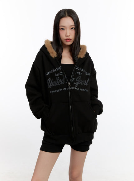 fuzzy-hooded-lettering-sweatshirt-cn421 / Black