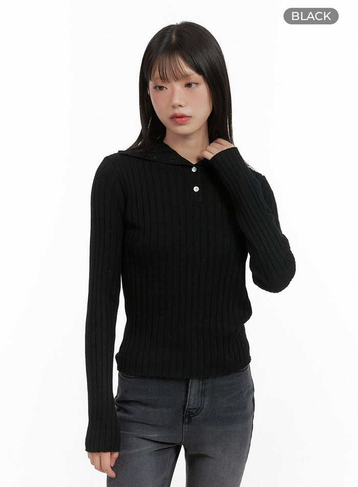 ribbed-collared-slim-top-cg426 / Black