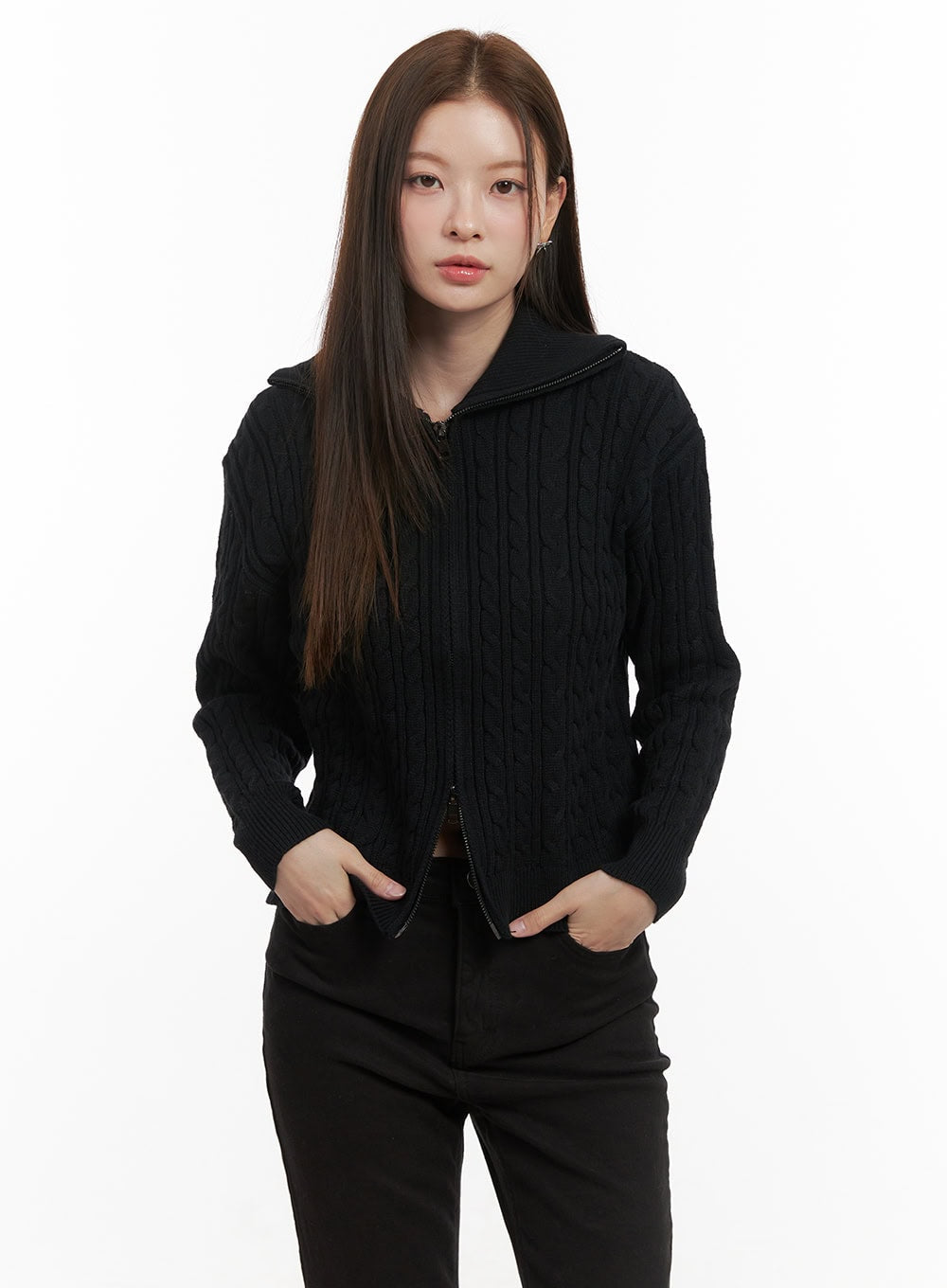 cable-knit-zip-up-cardigan-od418 / Black