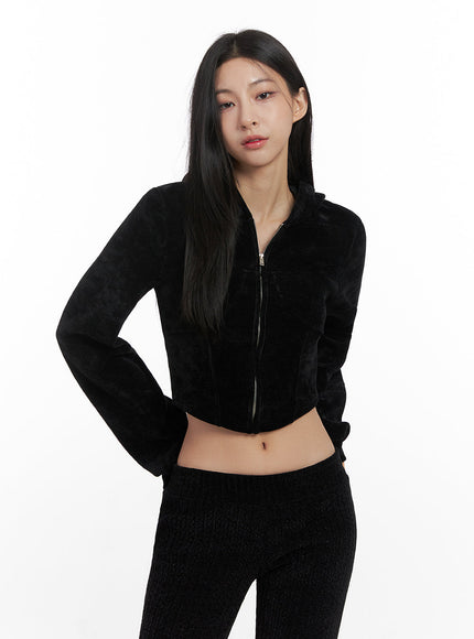 velvety-zip-up-cropped-hoodie-cn426 / Black