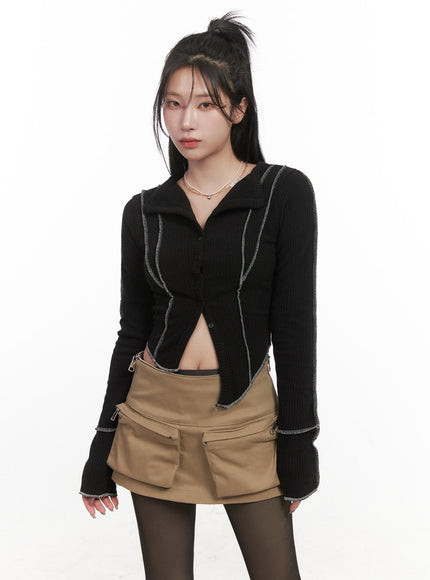 Stitched Collared Crop Cardigan CJ516