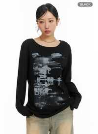 graphic-boat-neck-sweater-top-cm422 / Black