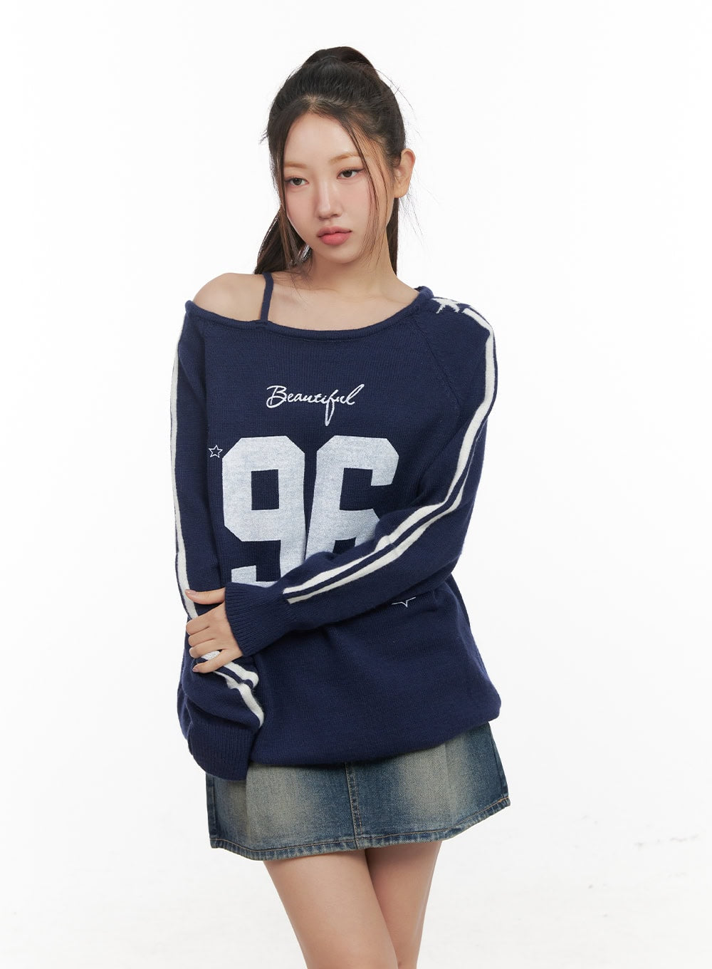 graphic-off-shoulder-crew-neck-cd416 / Dark blue