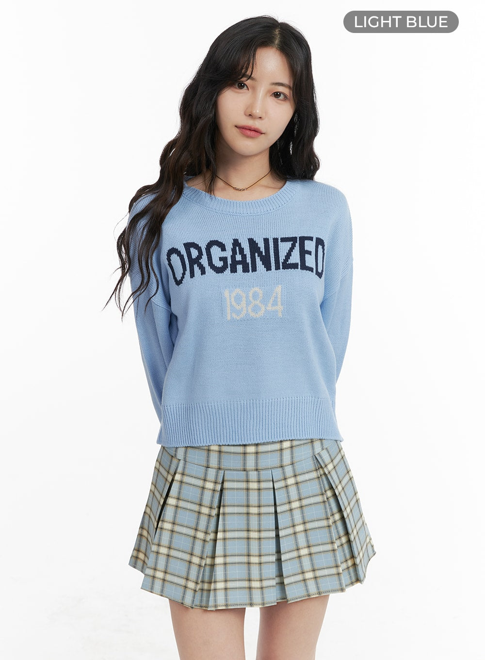 graphic-lettering-round-neck-knit-sweater-om425 / Light blue