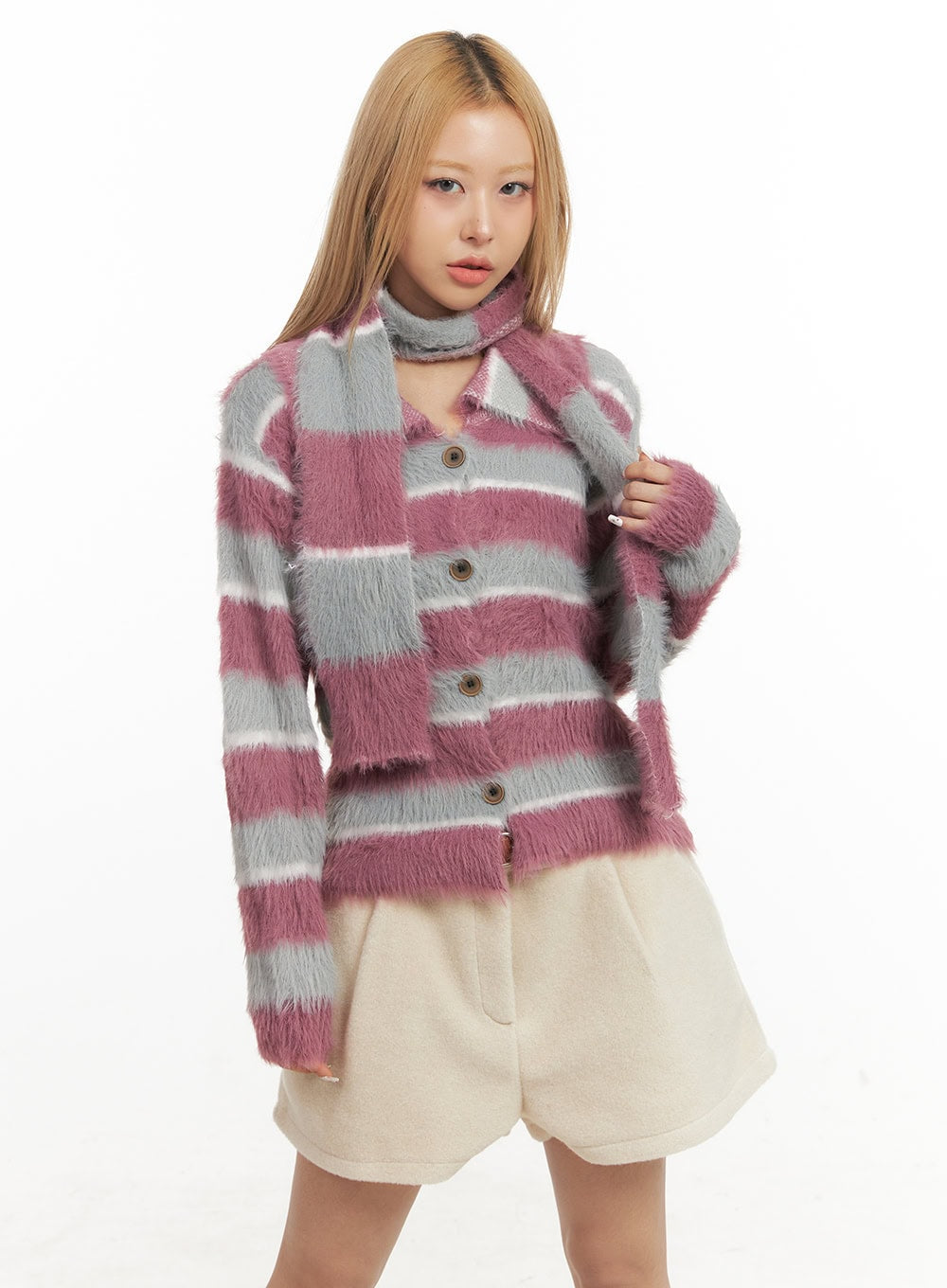 fuzzy-striped-buttoned-cardigan-scarf-set-cj507 / Pink