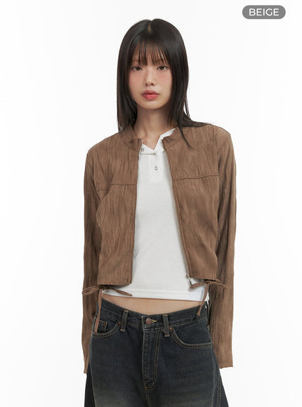 shirred-suede-slim-crop-jacket-co410 / Beige