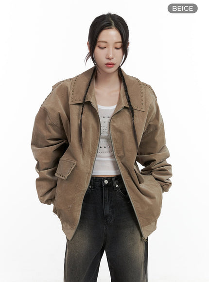 studded-oversize-collar-jacket-co402 / Beige