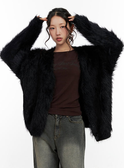 oversized-plush-fur-button-cardigan-cn404 / Black