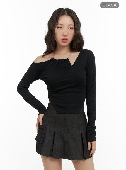 unbalanced-shoulder-chain-long-sleeve-cg423 / Black