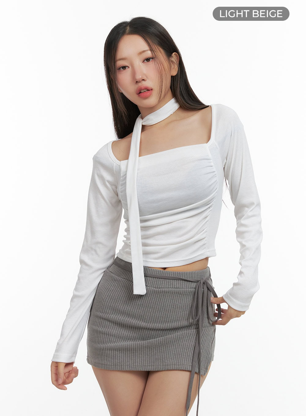 shirred-square-neck-crop-top-co417 / Light beige