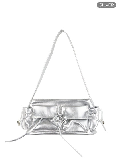 metallic-leather-ribbon-charm-shoulder-bag-cg423 / Siver