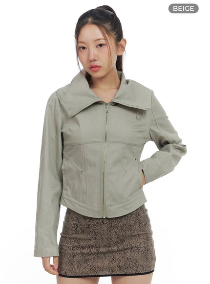 zip-up-high-neck-cropped-jacket-cs424 / Beige