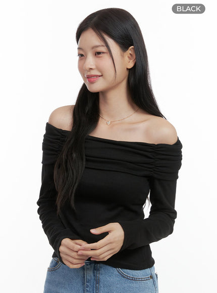 shirred-off-shoulder-long-sleeve-top-os423 / Black