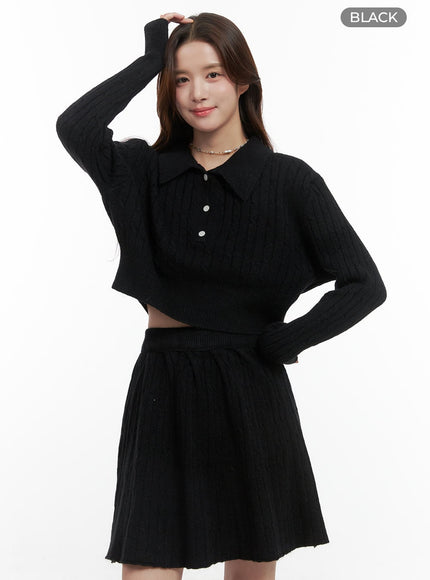 buttoned-collar-knit-skirt-set-oo421 / Black