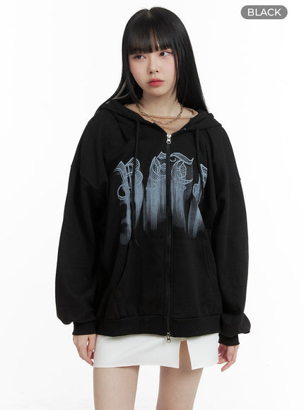 graphic-lettering-oversized-hoodie-jacket-om426 / Black