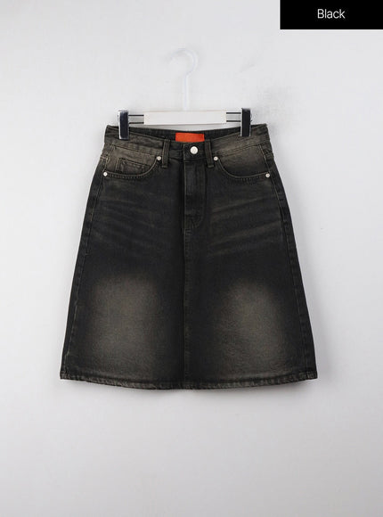 high-waist-solid-denim-mid-skirt-cj409 / Black