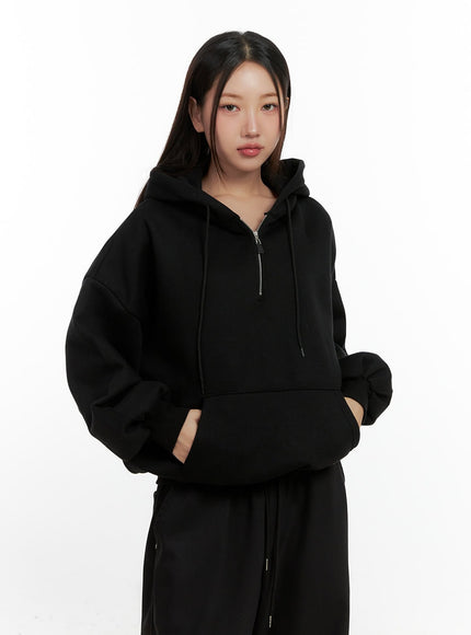 solid-cotton-half-zip-hoodie-cn411 / Black