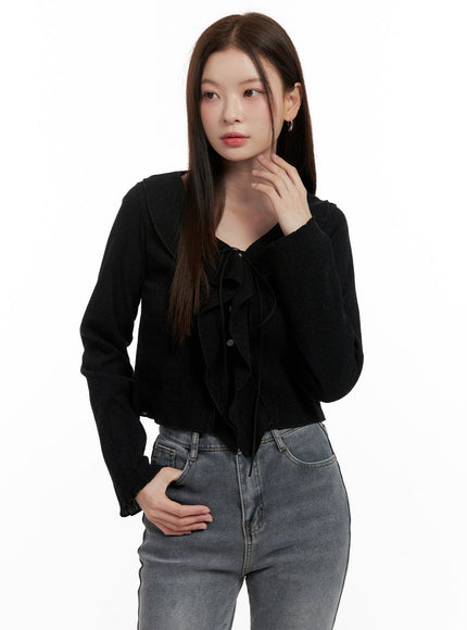 frill-strap-cropped-cardigan-on422 / Black