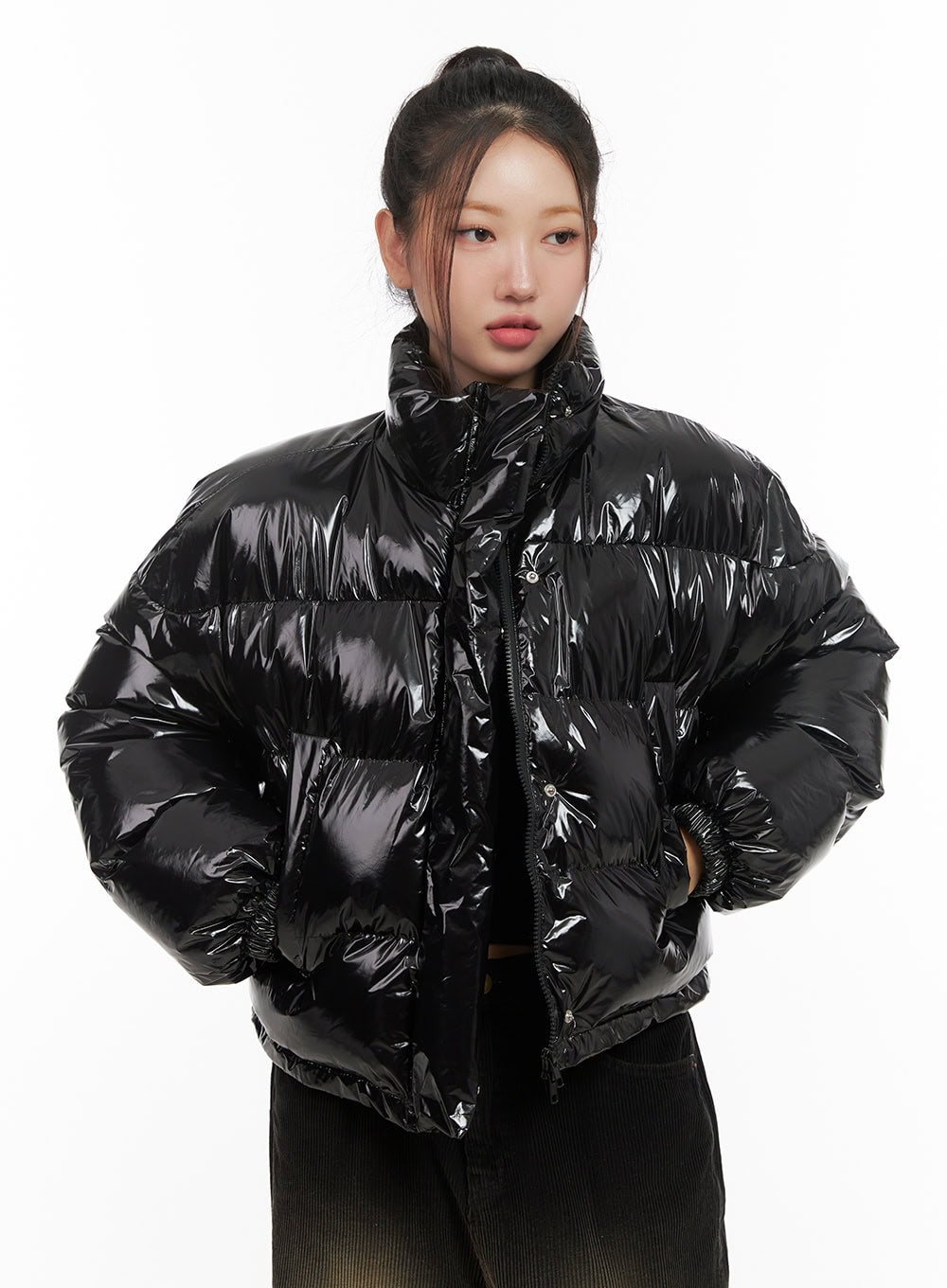 glossy-cropped-puffer-jacket-cd416 / Black