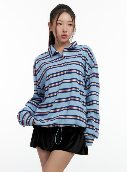 stripe-buttoned-collar-tshirt-cn412 / Blue