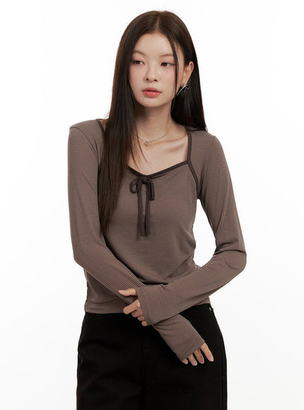 ribbon-stripe-square-neck-topon422 / Brown