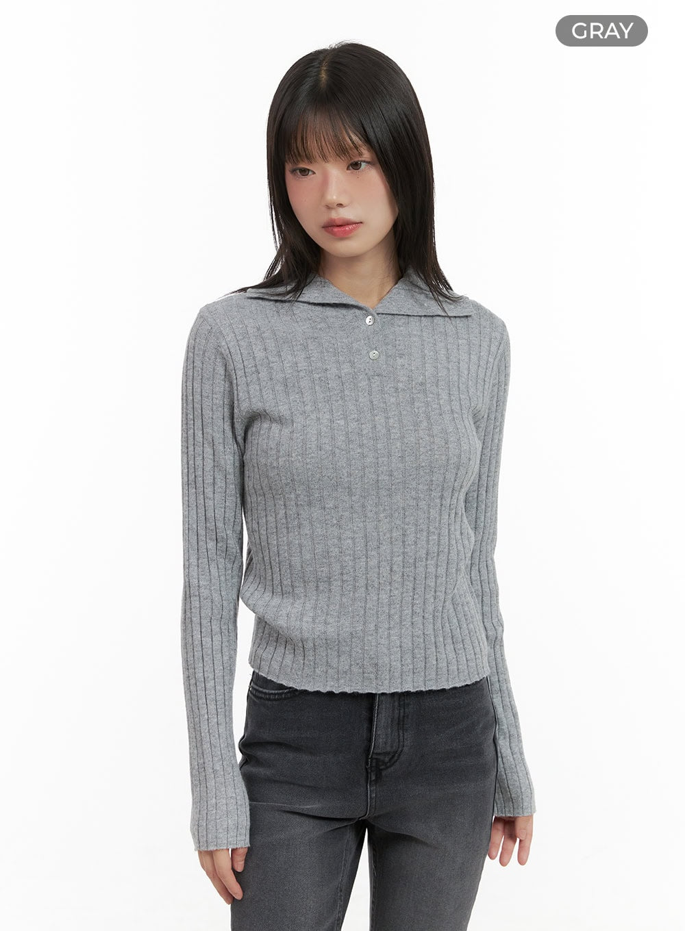 ribbed-collared-slim-top-cg426 / Gray