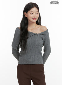 off-shoulder-side-buttoned-cardigan-os423 / Gray