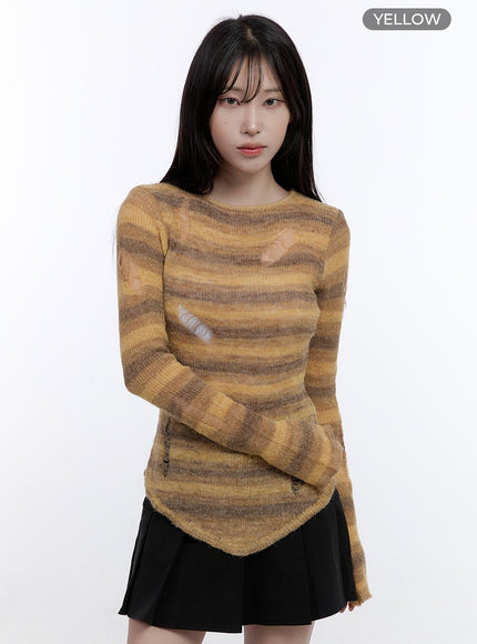 stripe-destroyed-long-sleeve-knit-top-co419 / Yellow