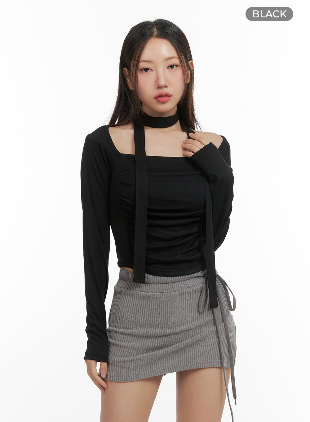 shirred-square-neck-crop-top-co417 / Black