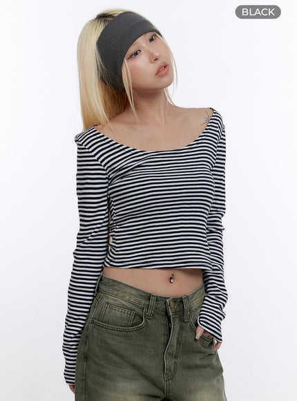 u-neck-stripe-crop-long-sleeve-top-co419 / Black