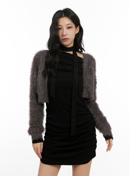 fuzzy-cropped-cardigan-cn416 / Brown