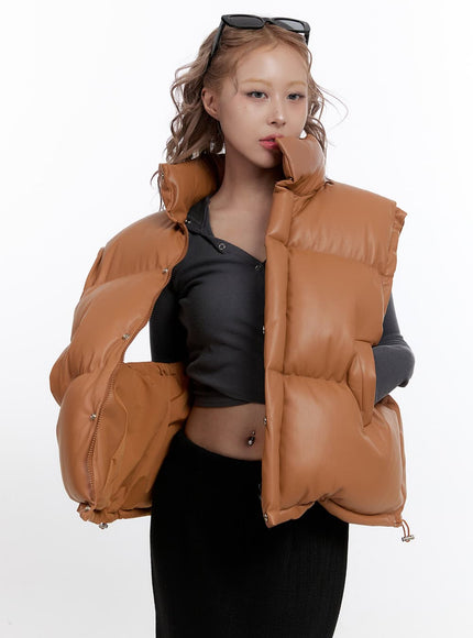 solid-string-puffer-vest-cn422 / Brown