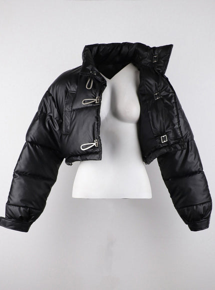 faux-leather-three-buckled-high-neck-puffer-jacket-cd315